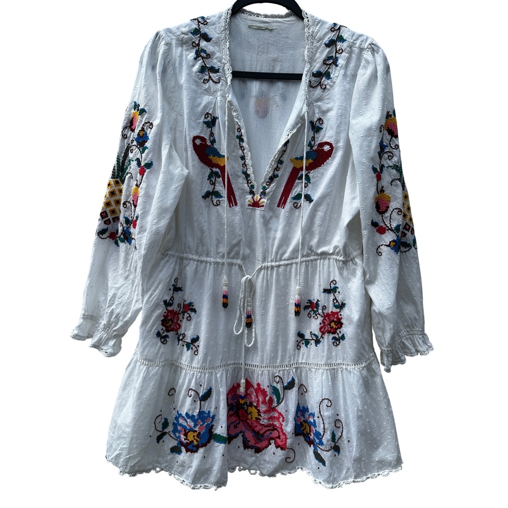 Farm Rio White Embroidered Bird Floral Swiss Dot Mini Dress Medium
